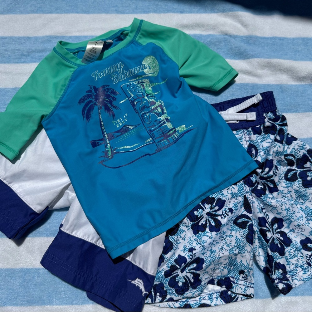 Tommy Bahama Blue and Green Rashguard Swimwear with Palm Tree Motifs